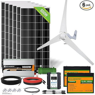 ECO-WORTHY 1000W 4KWH Solar Wind Power Kit: 1*400W Wind Turbine + 6*100W Solar Panel + 2*12V 100Ah Lithium Battery + 1*24V 3000W Inverter for Home/RV/Boat/Farm/Street Light and Off-Grid Appliances