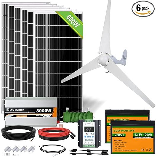 ECO-WORTHY 1000W 4KWH Solar Wind Power Kit: 1*400W Wind Turbine + 6*100W Solar Panel + 2*12V 100Ah Lithium Battery + 1*24V 3000W Inverter for Home/RV/Boat/Farm/Street Light and Off-Grid Appliances