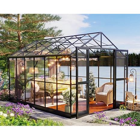 Jocisland 8x12x7.5 FT Greenhouse - Outdoor Aluminum Polycarbonate Greenhouse with Ventilation and Rain Gutter, 4 Swing Doors with Hook, Walk in Greenhouse for Outdoors Backyard