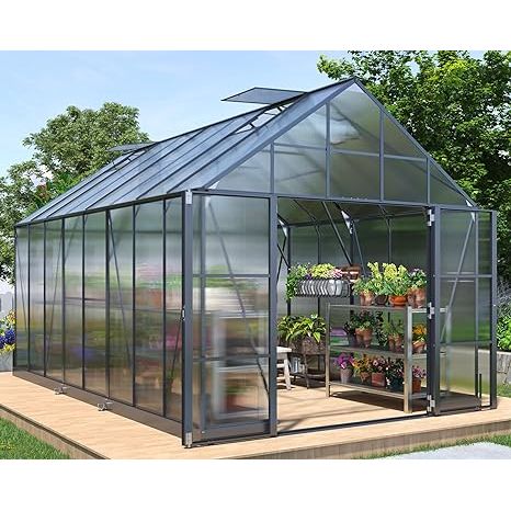 HOWE 10x16x10 FT Polycarbonate Greenhouse 6.3FT Added Wall Height Double Swing Doors 4 Vents , Walk-in Large Aluminum Greenhouse Sunroom Winter Greenhouse for Outdoors, Black