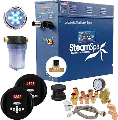 SteamSpa 7.5kW Steam Sauna Generator Executive Bundle 240V Steam Generator with Touch Pad, Steamheads, Pressure Relief Valve, Built-in Auto Drain, LED Light, Filter and Quick Install Kit EXR750BK-A