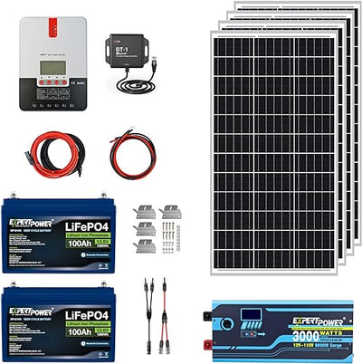 ExpertPower 2.5KWH 12V Solar Power Kit | LiFePO4 12V 100Ah, 400W Mono Solar Panels, 30A MPPT Solar Charge Controller, 3KW Pure Sine Wave Inverter Charger | RV, Trailer, Camper, Marine, Off Grid